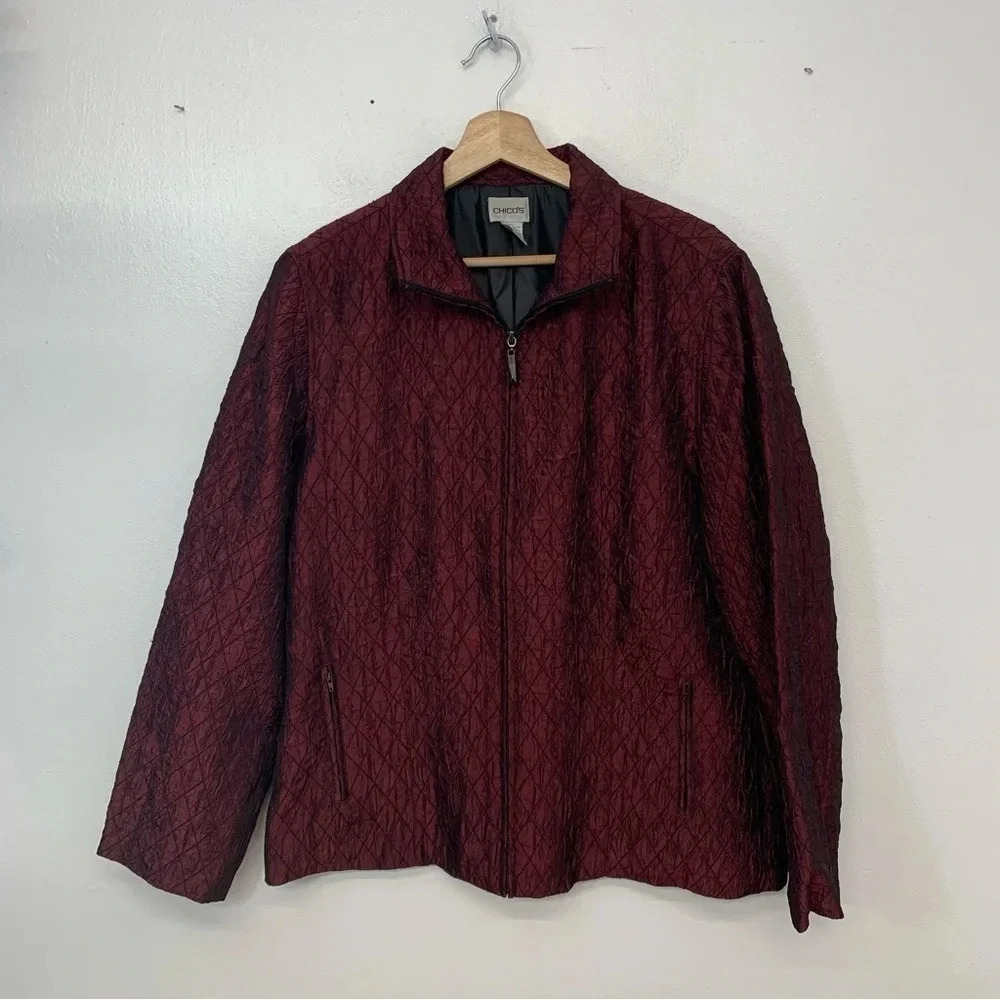 Chicos 2‎ Jacket Woman US Large Maroon Full Zip Textured Lightweight Pockets